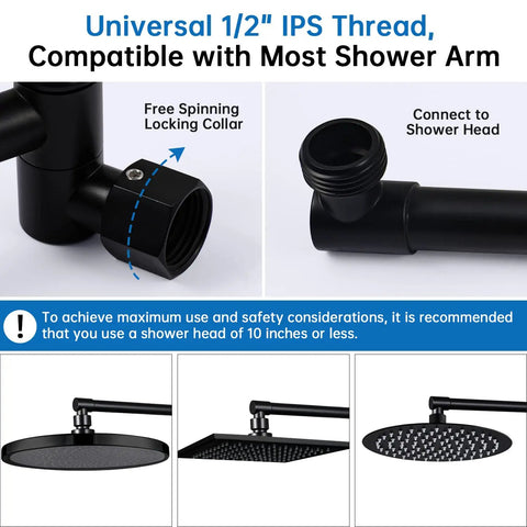 13 Inch Shower Head Extension Arm With Solid Brass Construction, Adjustable Height And Angle Extender For Raising Or Lowering Rainfall Shower Head, Fixed Head Matte Black with universal 1/2" IPS thread.