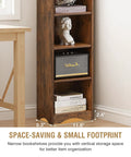 Tall 71 Inch Rustic Wood Bookshelf With 6 Adjustable Shelves And Elevated Dust And Moisture Proof Base beside desk