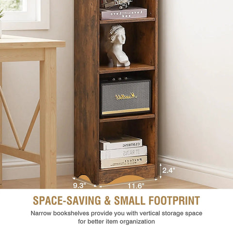 Tall 71 Inch Rustic Wood Bookshelf With 6 Adjustable Shelves And Elevated Dust And Moisture Proof Base beside desk
