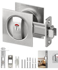 Keyless Privacy Pocket Door Lock With Visual Indicator For Bedroom And Bathroom Sliding Doors Square Handle Rust Proof Zinc Alloy Hardware For Interior Doors Easy Install And Smooth Quiet Operation, showing components and installed view.