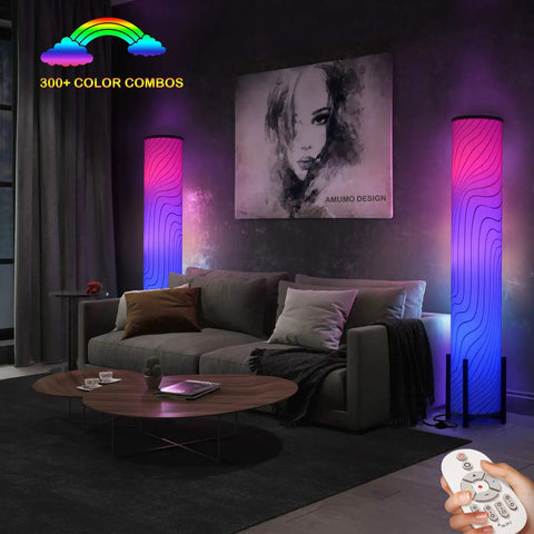 Color Changing RGB Floor Lamp With Remote Control 61 Inch Standing Corner Lamp With Fabric Shade Three 9W Smart LED Bulbs