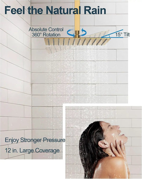 GRANDJOY 12" Ceiling Shower System with Handheld Spray, Brushed Gold features a 12" rainfall head with 360° rotation.