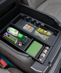 Center Console Organizer Insert For 2024 2025 2026 Ford F150 And F150 Lightning ABS Plastic Half Sized Tray displaying stored items