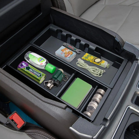 Center Console Organizer Insert For 2024 2025 2026 Ford F150 And F150 Lightning ABS Plastic Half Sized Tray displaying stored items