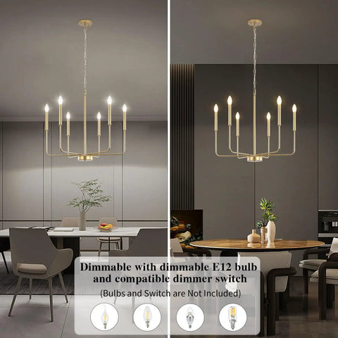 Dope Gold 6-Light Farmhouse Chandelier Ceiling Pendant Light in dining room showcasing brushed gold finish and size options.