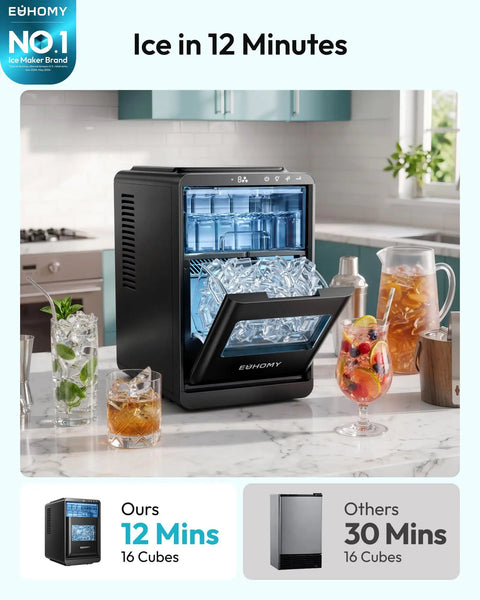 Countertop Crescent Ice Maker Slings Sixteen Chill Cubes In Twelve Minutes On Timer with auto flush and adjustable thickness.
