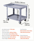 Heavy Duty Rolling Utility Cart 550 Lb Capacity, 2 Tier Service Cart With 360 Degree Swivel Wheels And Brakes On Two Front Casters, Built Tough Plastic Trays, Garage Workshop Organizer Gray, dimensions shown