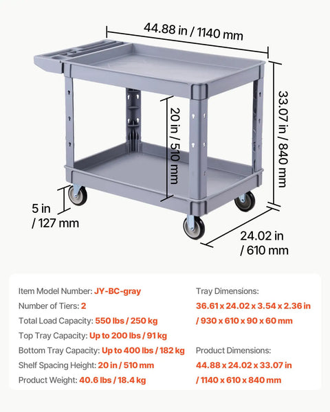 Heavy Duty Rolling Utility Cart 550 Lb Capacity, 2 Tier Service Cart With 360 Degree Swivel Wheels And Brakes On Two Front Casters, Built Tough Plastic Trays, Garage Workshop Organizer Gray, dimensions shown