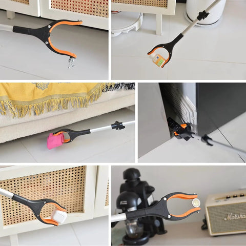 43-inch foldable grabber tool with orange-accent rotating jaw and magnets for reaching and picking up objects