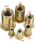 Grab 10 Pack Flat Head Threaded Insert Nuts Made From Zinc Plated Carbon Steel for strong anchoring with various sizes shown.