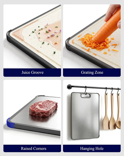Double Sided Cutting Board With Stainless Steel Edge And Wheat Straw Side Non Toxic Chopping Board With Juice Groove Garlic Grinder