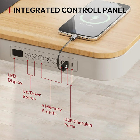 Integrated control panel of Electric Height Adjustable Standing Desk With Built In Drawer, featuring LED display and USB charging ports.