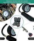 Pro Level 18 Piece Universal Radiator Pressure Testing Kit With Thirteen Heavy Duty Coolant Adapter Fittings, aluminum hand pump and gauge