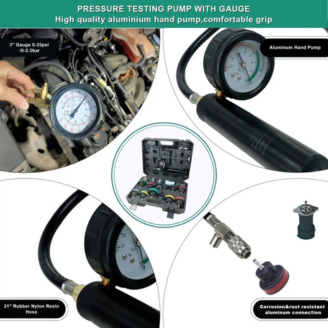 Pro Level 18 Piece Universal Radiator Pressure Testing Kit With Thirteen Heavy Duty Coolant Adapter Fittings, aluminum hand pump and gauge