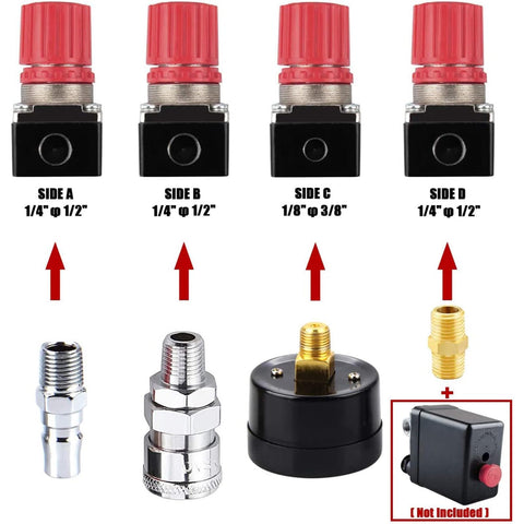 Air Compressor Pressure Regulator With Dial Gauge 0 To 175 PSI For Air Tools And Home Garage Use Four Way Valve Easy Install