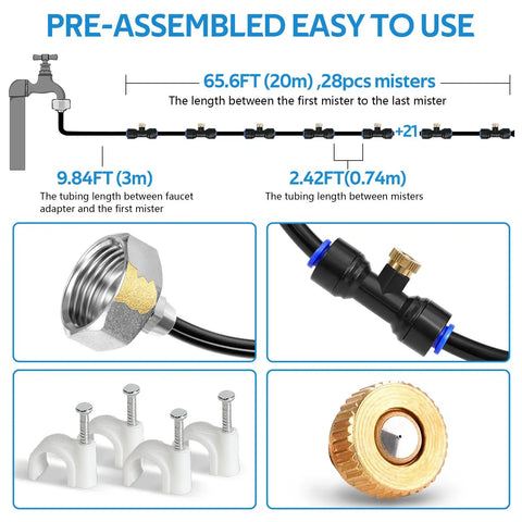 Outdoor Misting Cooling System Kit With 75 Foot Tubing, 28 Brass Nozzles, And Three Quarter Inch Brass Adapter, Preassembled Mister For Patio Backyard Pergola Greenhouse Long Lasting Durability