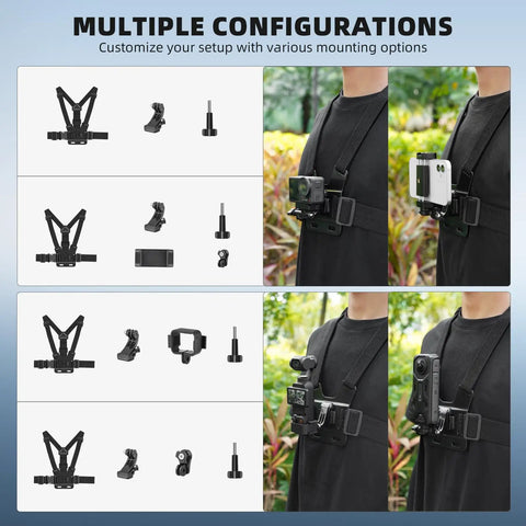 Go To POV Phone Chest Mount And Head Mount Camera Rig for recording vlogs with configuration options shown on a model.