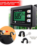 2 In 1 pH And Temperature Meter With ATC Dual Display Water Quality Tester for hydroponics, with aquarium wall mount hanger.