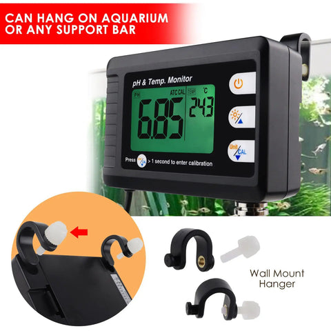 2 In 1 pH And Temperature Meter With ATC Dual Display Water Quality Tester for hydroponics, with aquarium wall mount hanger.