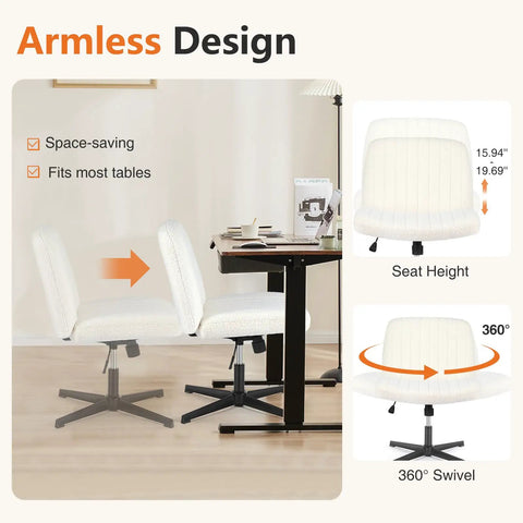 Criss Cross Furry Armless Office Chair With Wide Seat shown with height adjustable and swivel features, Cozy Teddy Beige.