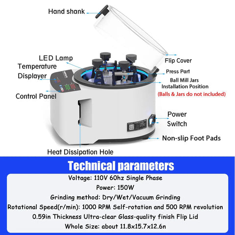 Desktop Planetary Ball Mill Grinder 110V 150W High Speed Pro Grade Lab Grinder With Digital Control, open view with features