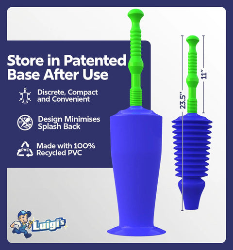 Water Powered Heavy Duty Toilet Plunger With Bellows Design Slim Targeted Nozzle Clears Clogs Fast On Any Toilet Works On Low Flow Elongated Or Modern Toilets Unblocker For Bathroom Use Blue