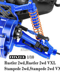 Close-up of navy blue 1/10 Rustler 2WD And Stampede 2WD Beefed Up RC Suspension Arm Kit with big bore shocks and drive shaft.