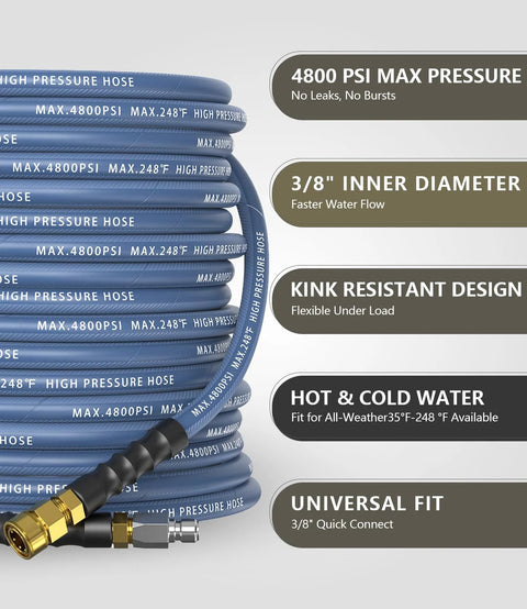 NAVOHEVEN 3/8 in ID pressure washer hose, front view, blue coil with brass fittings, 100 ft, 4800 PSI