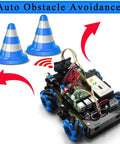 OSOYOO Mecanum wheel robot car kit for Raspberry Pi with blue omni-directional wheels and exposed circuit board