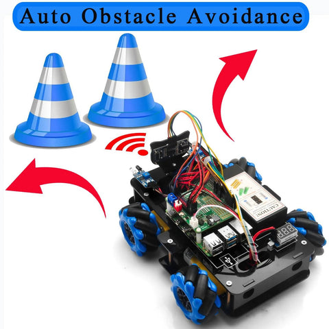 OSOYOO Mecanum wheel robot car kit for Raspberry Pi with blue omni-directional wheels and exposed circuit board
