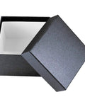 Black open gift box with removable lid on white background, showing interior space.