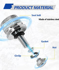 Stainless Motorcycle Seat Bolt Kit With 1/4-20 Threads, detailed view of bolt, nut, gasket, and circlip, showing materials