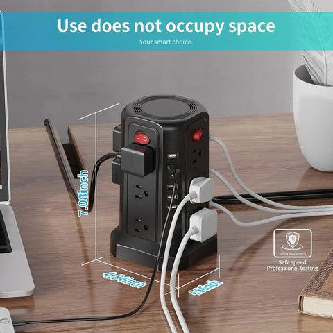 17-in-1 Tower Power Strip Surge Protector With 12 AC Outlets And 5 USB Ports, 10 Ft Extension Cord shown on desk setup
