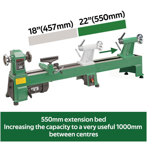 Extension Bed For Woodturning Lathe Upgrade For Harbor Freight Central Machinery 65345 10 By 18 Inch Lathe In Green, Extends Center Distance To 1000mm