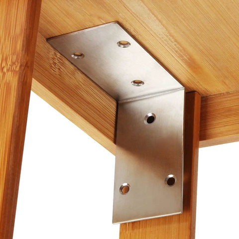 Heavy Duty Stainless Steel L Brackets 3.3 Inch By 1.9 Inch Pack Of 10 90 Degree Corner Shelf Braces installed under wooden table