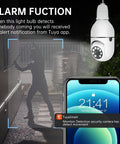 Outdoor WiFi Lightbulb Security Camera With 360 Degree View And 2.4G WiFi HD Night Vision Two Way Audio Light Socket Mount Motion Detection No Fuss Smart Home Setup Weather Resistant Bulb Cam shown with motion detection alert on phone