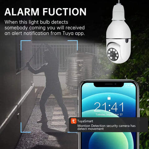 Outdoor WiFi Lightbulb Security Camera With 360 Degree View And 2.4G WiFi HD Night Vision Two Way Audio Light Socket Mount Motion Detection No Fuss Smart Home Setup Weather Resistant Bulb Cam shown with motion detection alert on phone