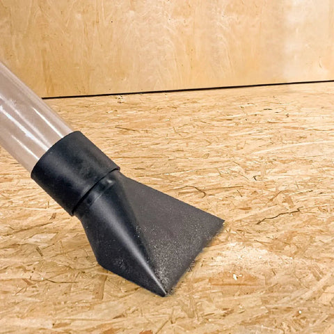 Heavy Duty Dust Collection Floor Sweep And 4 Inch Clear Dust Pipe Accessory Kit with quick connect coupler on woodworking surface.