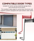 Two Pack Garage Door Cable Snubbers For Torsion Spring Systems displayed with compatible commercial and residential doors