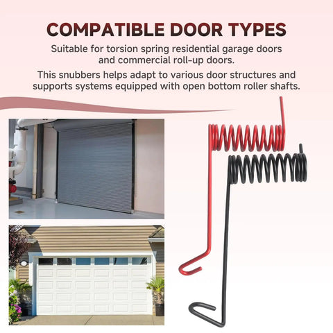 Two Pack Garage Door Cable Snubbers For Torsion Spring Systems displayed with compatible commercial and residential doors