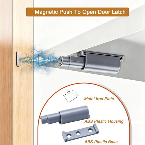 Push To Open Magnetic Cabinet Latch Set Eight Pack Gray showing magnetic latch mechanism and components.