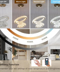 Dimmable Dope Modern LED Chandelier With Three Ring Pendant Lights showing warm, neutral, and cool light in living room settings.