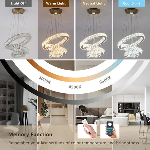 Dimmable Dope Modern LED Chandelier With Three Ring Pendant Lights showing warm, neutral, and cool light in living room settings.