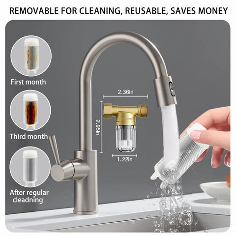 XZ02 50 Micron Reusable Brass Washing Machine Water Filter installed on faucet, showing filter effectiveness over time.