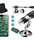 40-1000X USB Microscope With Portable Carrying Case For Kids And Adults, Perfect For Coins, Circuit Boards, Stamps, Skin, Hair, Jewelry And Insects, Type C And Micro USB OTG Compatible, Great For DIY Projects And Education, An Awesome Learning Tool. USB microscope with phone showing circuit board and carrying case.