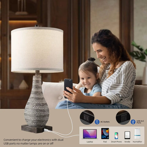 Farmhouse Table Lamp Set Of 2 With 3 Way Touch Control USB Ports And AC Outlet Includes Dimmable LED Bulbs in living room
