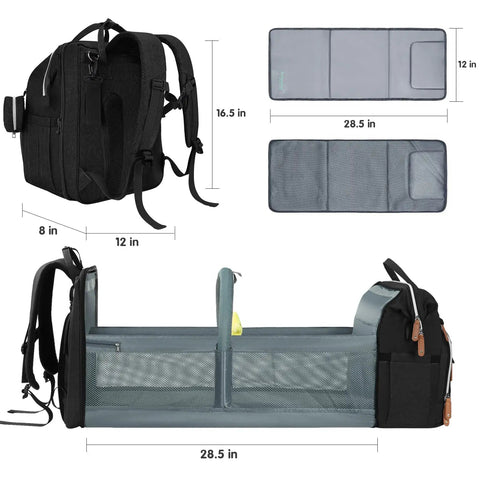 Spacious Diaper Bag Backpack For Moms And Dads With Changing Pad, Thick Padded Back And Straps, Laptop Compartment, Waterproof Travel Bag With USB Port, Go To Multi Function Baby Bag For Everyday Use dimensions and features.