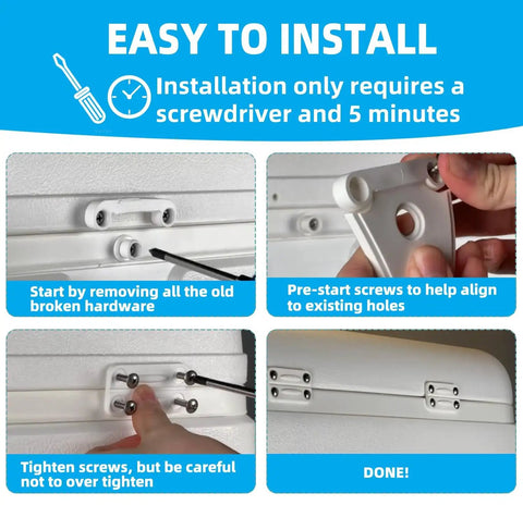Installing Igloo Cooler Hinge And Latch Replacement Kit for 25-165 quart coolers with easy installation steps shown.