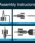 Heavy Duty TCT Hole Saw Kit 7 Piece Set With Tungsten Carbide Tips For Stainless Steel Hard Metals Wood And Plastic Includes Extra Pilot Bits shown with assembly instructions featuring pilot bit replacement and tightening.