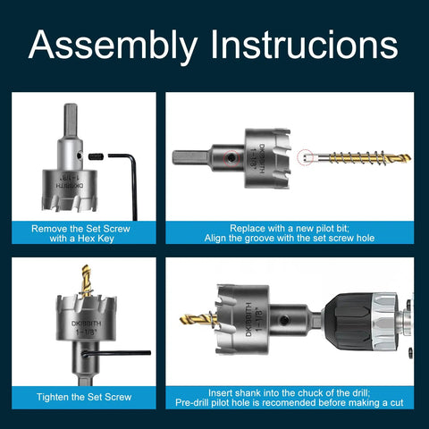 Heavy Duty TCT Hole Saw Kit 7 Piece Set With Tungsten Carbide Tips For Stainless Steel Hard Metals Wood And Plastic Includes Extra Pilot Bits shown with assembly instructions featuring pilot bit replacement and tightening.
